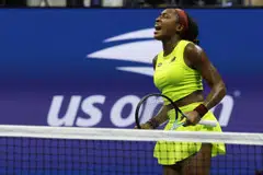 American Coco Gauff celebrates after defeating Karolina Muchova in the US Open semi-final on Friday. She will play Aryna Sabalenka in the final on Sunday.