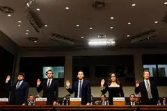 CEOS (from left) Jason Citron of Discord, Evan Spiegel of Snap, Chew Shou Zi of TikTok, Linda Yaccarino of X, and Meta's Mark Zuckerberg are sworn in.  