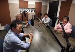 (Clockwise from bottom left) Wong Wei Kong, editor-in-chief of SPH Media's English/Malay/Tamil Media group, BT podcast editor Claressa Monteiro, SPH Media Trust chairman Khaw Boon Wan and SPH Media CEO Teo Lay Lim inside the newly built BT podcast studio.