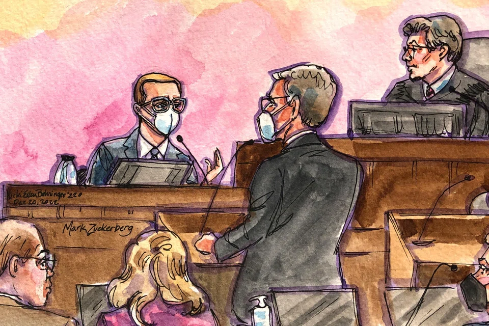 In a courtroom sketch, Mark Zuckerberg, chief executive of Facebook parent Meta Platforms, is questioned by Meta attorney Mark Hansen in front of US District Judge Edward Davila in San Jose, California, US, Dec 20, 2022.