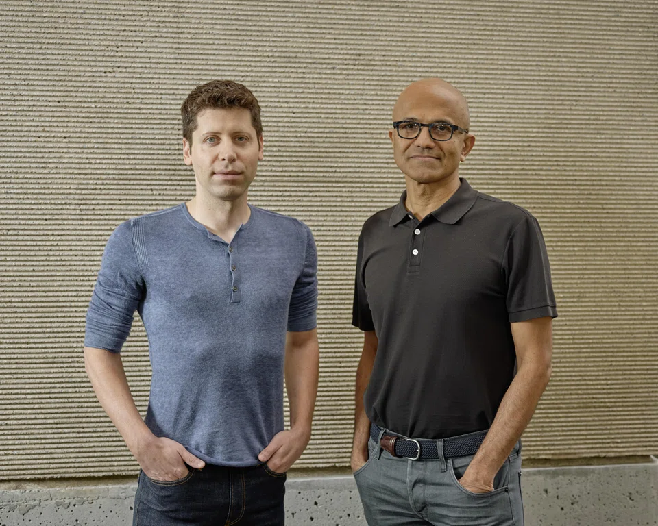 Sam Altman (left), one of the founders of OpenAI, and Satya Nadella, Microsoft’s chief executive, in 2019. Nadella moved fast to hire Altman, who was pushed out of OpenAI on Nov 17 and asserted his company’s role in its partnership with the AI startup.