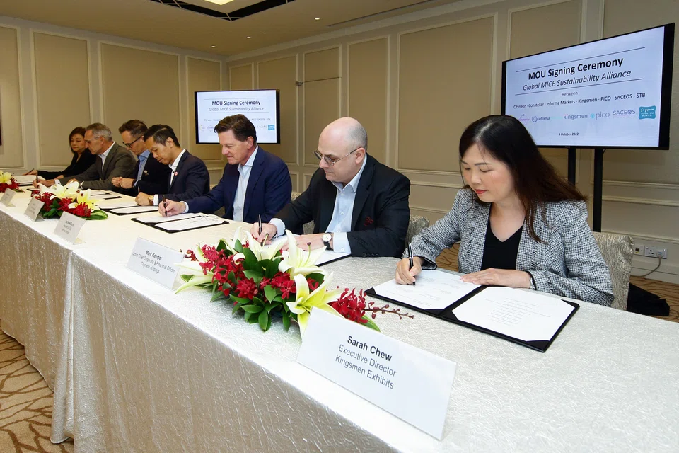 Signatories at the signing of the MoU between STB and key Mice industry players to establish the Global MICE Sustainability Alliance (L-R): Jean Chia, group president at Pico World (Singapore); Jean Francois Quentin, Constellar Group CEO at Constellar Venues; Richard Ireland, president at SACEOS; Keith Tan, CEO at STB; Charlie McCurdy, president and CEO at Informa Markets; Mark Kemper, group chief corporate and financial officer at Cityneon Holdings; and Sarah Chew, executive director at Kingsmen Exhibits.