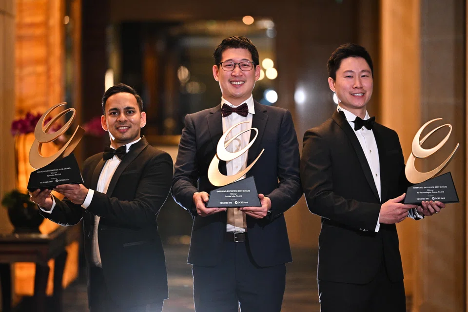 Speedoc, Lumos Labs and AP Technologies were the top three winners of the Emerging Enterprise Awards 2022. From left: Speedoc's Shravan Verma, Lumos Labs' Eu-wen Ding, and AP Technologies' Charles Tang at last year's event.