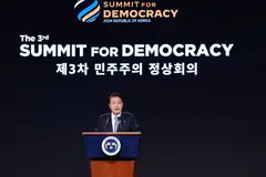 Speaking at the opening of the Summit for Democracy, South Korean President Yoon Suk Yeol said countries had a duty to share experiences and wisdom so that artificial intelligence and technology could be employed to promote democracy, Seoul, South Korea, March 18, 2024.  