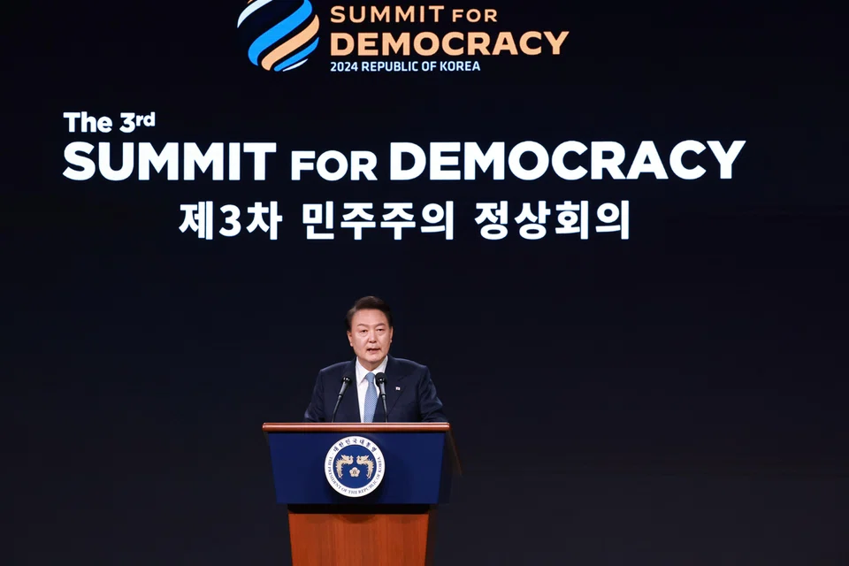 Speaking at the opening of the Summit for Democracy, South Korean President Yoon Suk Yeol said countries had a duty to share experiences and wisdom so that artificial intelligence and technology could be employed to promote democracy, Seoul, South Korea, March 18, 2024.  