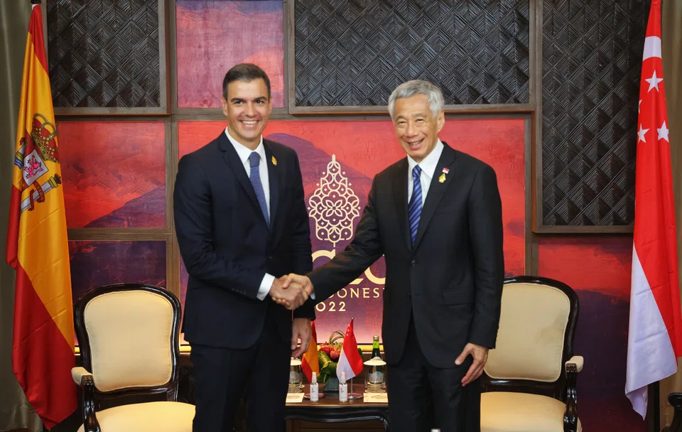 Prime Minister Lee Hsien Loong had a bilateral meeting with Spanish Prime Minister Pedro Sanchez on the sidelines of the G20 Summit in Bali on Nov 15, 2022.