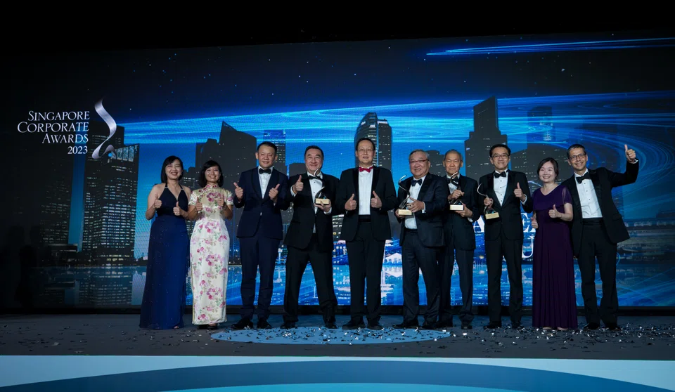Best Managed Board (Gold) winners at SCA 2023. From left: Judy Ng, executive committee member of the Institute of Singapore Chartered Accountants; Wong Su-Yen, chairperson of Singapore Institute of Directors; Marcus Lam, PwC executive chairman; Steven Phan, UOB independent director; Manpower Minister Tan See Leng; Keppel Corporation chairman Danny Teoh; Rolando Gapud, executive chairman of Del Monte Pacific; Michael Lau, chairman of Sing Investments & Finance; The Business Times editor Chen Huifen; and Patrick Lee, Standard Chartered Bank's cluster chief executive for Singapore and Asean Markets