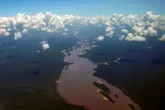Aerial view showing the Essequibo River running in a section of the Amazon rainforest in the Potaro-Siparuni region of Guyana.