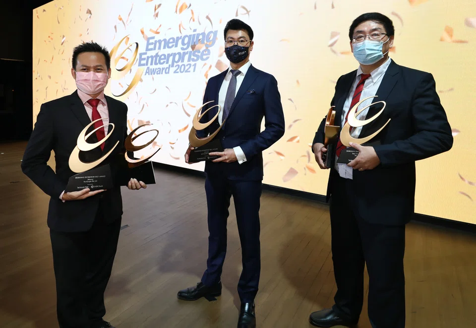 G8 Subsea Pte Ltd, KoolLogix Pte Ltd &amp and Nanosun Pte Ltd were the top 3 winners of Emerging Enterprise Awards 2021. From left: CK Cheong, CEO, KoolLogix; Gerald Tan, MD, G8 Subsea and Darren Sun, chairman, NanoSun at last year's event.