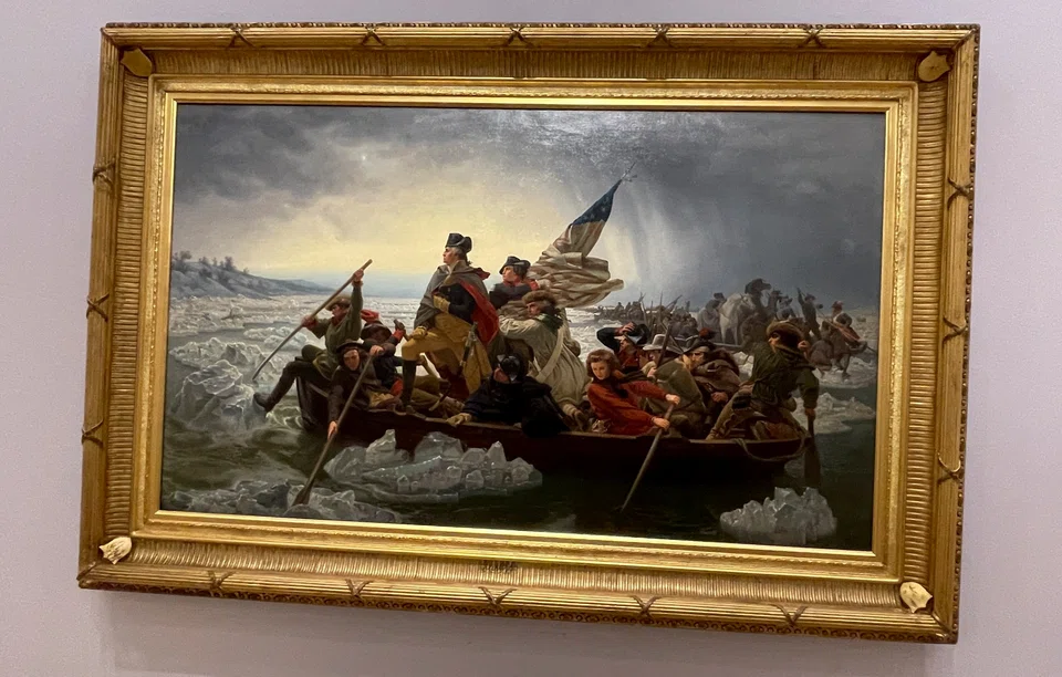 Emanuel Leutze's 'Washington Crossing the Delaware' painting set up for auction at Christie's on May 12, 2022.