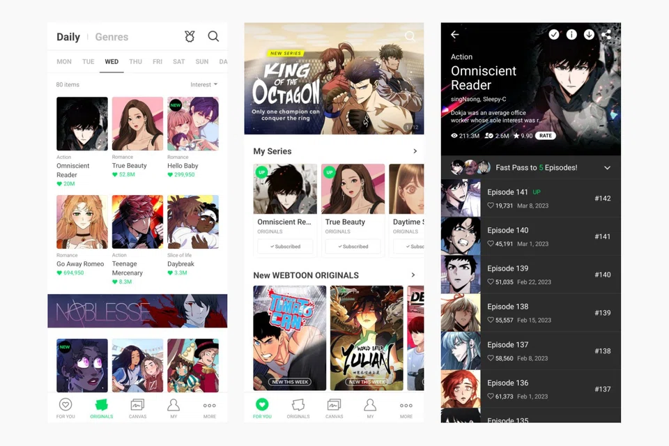 Screenshots of Naver's Webtoon app. The Webtoon platform reached 180 million global monthly active users as of March 2022. 