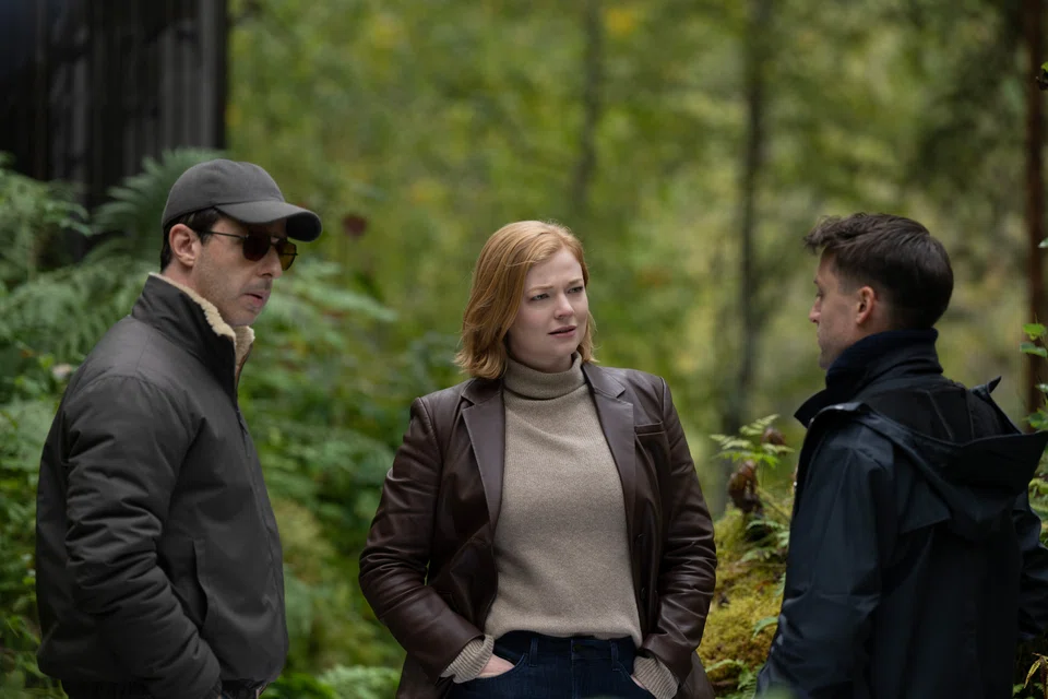 Succession starring (from left) Jeremy Strong, Sarah Snook and Kieran Culkin. The show has a whopping 27 nominations, and is the frontrunner for six awards including best drama.