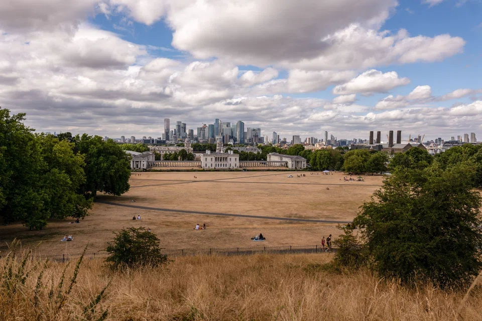 A large area of parched grass in Greenwich Park in front of a view of skyscrapers in the Canary Wharf financial, business and shopping district in the Greenwich district of London, Aug 3, 2022.