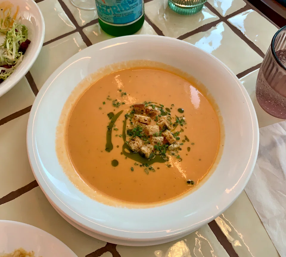 Cream of tomato soup tastes like a revived can of Heinz but in a good way.