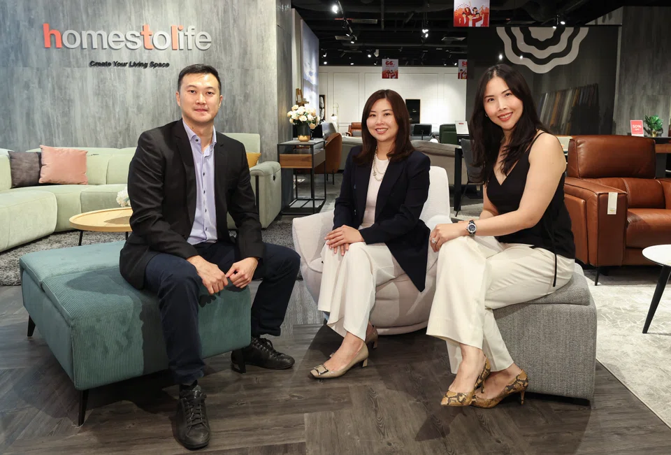 HTL's second-generation management (from left): Phua Jing Yuh, head of central procurement for leather business unit; Phua Mei Ming, HTL CEO; and Celeste Phua, general manager of HomesToLife.