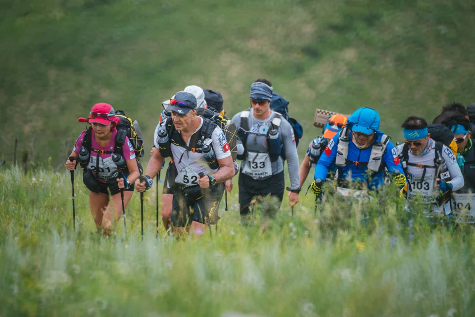 Alain Esseiva making his way through the fields and hills of the Karakorum region of Central Mongolia during the 250km Gobi March, 2018