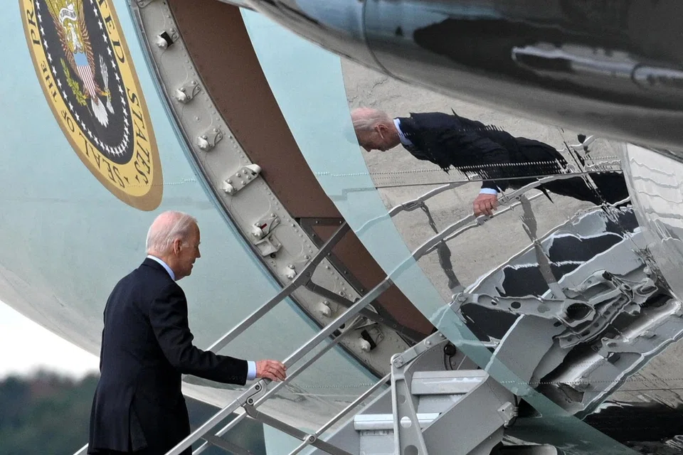 US President Joe Biden boards Air Force One at Joint Base Andrews in Maryland, on Oct 17, 2023, en route to Israel. Biden will visit Israel in a show of "ironclad" support as Washington tries to prevent the escalating war against Hamas in Gaza from spilling over into a wider Middle East conflict. 