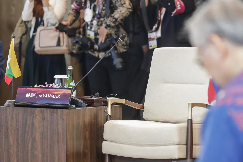 A chair for a Myanmar representative is left unoccupied during a retreat session of the 42nd Asean Summit in Labuan Bajo, East Nusa Tenggara, Indonesia, May 11, 2023. Asean has barred Myanmar junta leaders from attending its high-level meetings over its failure to implement the plan, which its top general agreed to in April 2021 in a meeting in Jakarta.