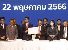 The eight parties in Pita Limjaroenrat's (centre left) coalition have adopted a unified stance on issues including charter amendments and reinstating cannabis in the list of narcotics.