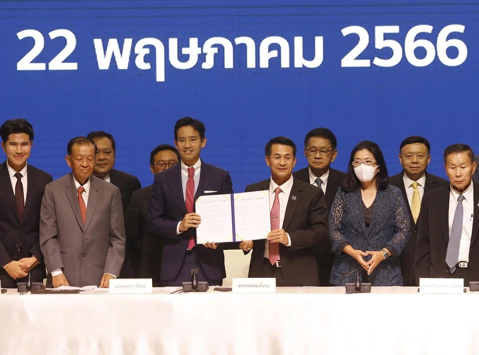 The eight parties in Pita Limjaroenrat's (centre left) coalition have adopted a unified stance on issues including charter amendments and reinstating cannabis in the list of narcotics.