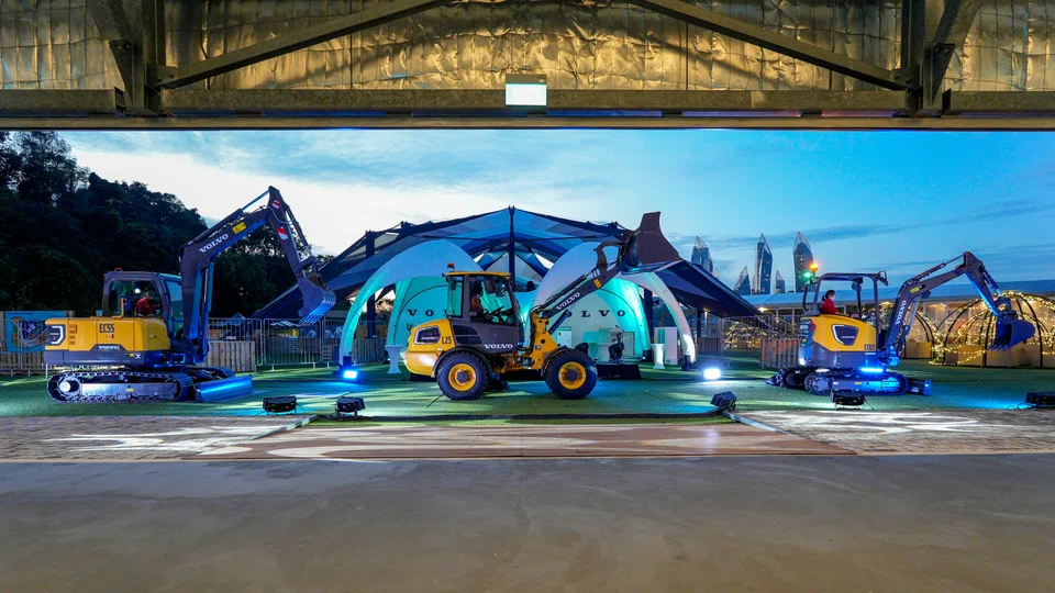 Volvo Construction Equipment's lineup of three electric construction machines at launch in Sentosa. 
