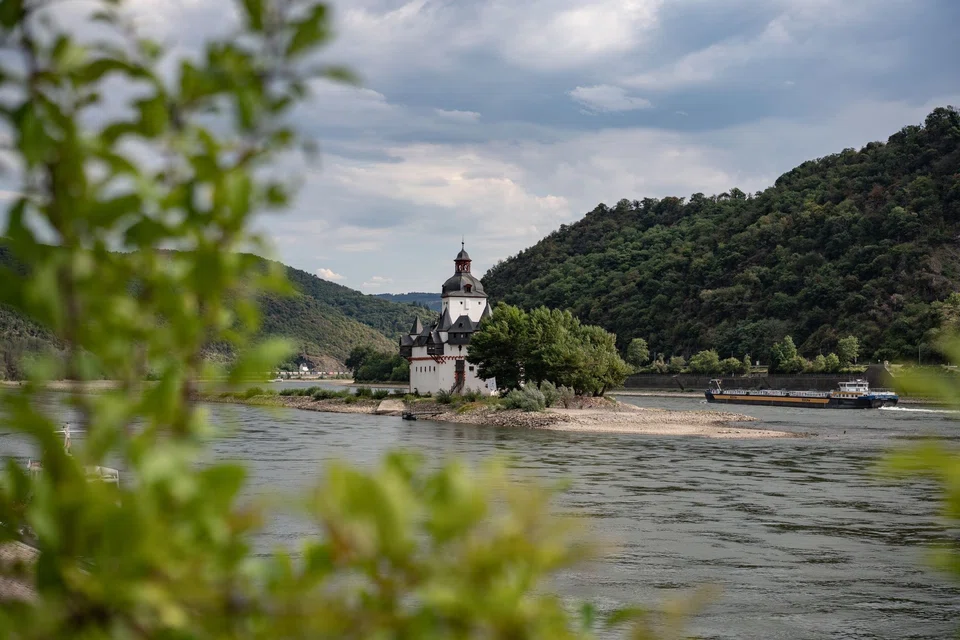A cargo vessel sails along a single navigable channel on the River Rhine in Kaub, Germany. An extended dry spell in the area, which is on a key hard-coal import route, risks choking Germany's energy supply further, stoking power-price volatility and elevating costs for coal-heavy generators. 