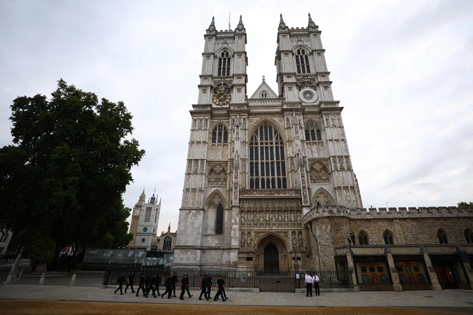 Police officers patrolling outside Westminster Abbey in London on Monday (Sep 19), ahead of the State Funeral Service for Britain's Queen Elizabeth II.  The country's longest-serving monarch died at aged 96 after 70 years on the throne. 