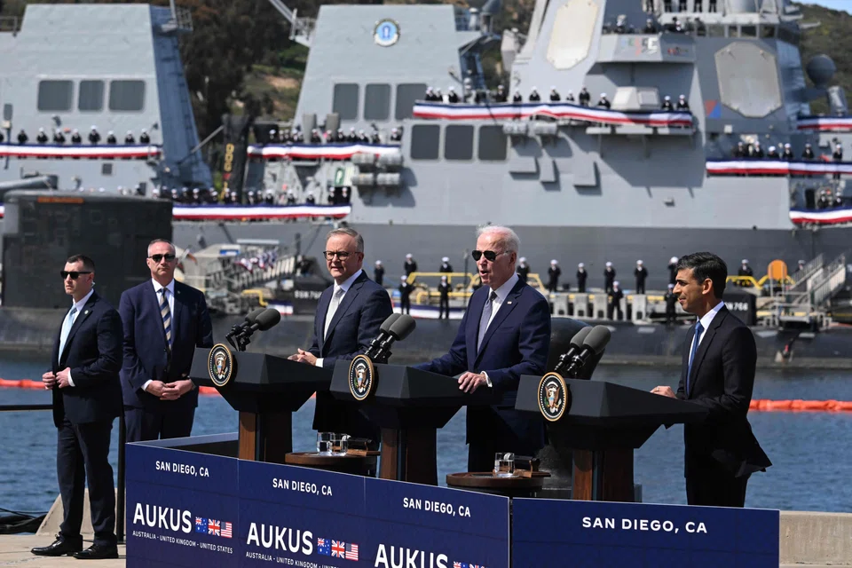 (From left) Australian Prime Minister Anthony Albanese, US President Joe Biden, and British Prime Minister Rishi Sunak at the Aukus summit on Mar 13.