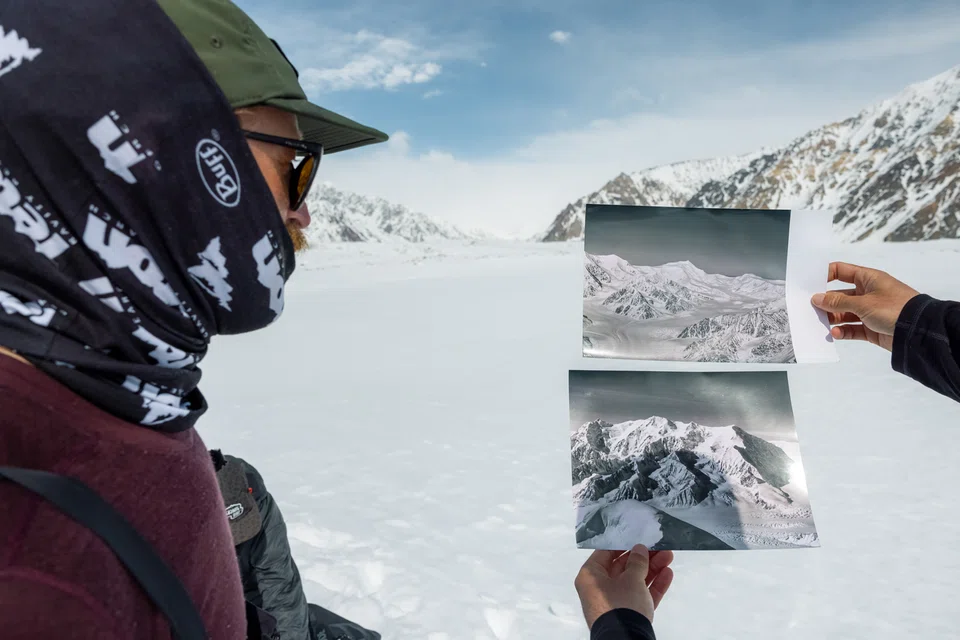 photos taken in 1937 by the explorer Bradford Washburn with the current topography on the Walsh glacier in Kluane National Park and Reserve in Canada in August 2022. 