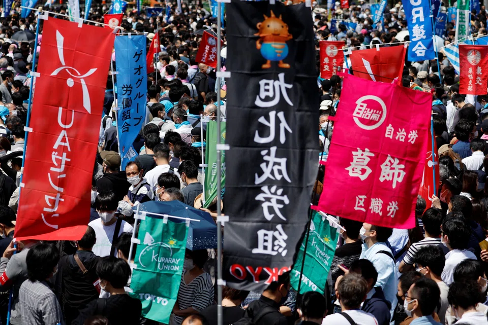 Members of the Japanese union group Rengo, gather at their annual May Day rally to demand higher pay and better working conditions, in Tokyo on Apr 29, 2023.