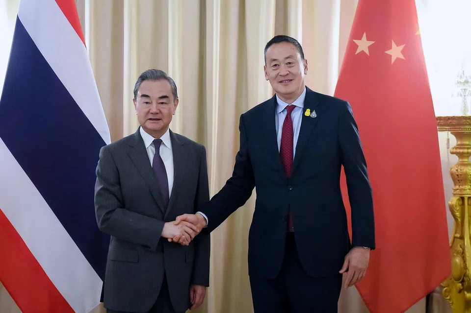 Chinese Foreign Minister Wang Yi (left) emphasised the need for Thailand and China to promote the early implementation of the China-Laos-Thailand connectivity concept during his meeting with Thai Prime Minister Srettha Thavisin.