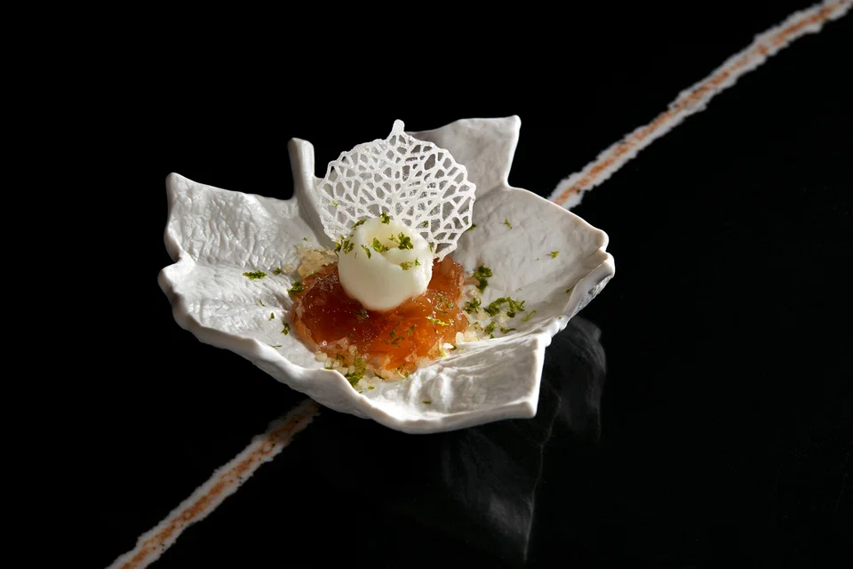 Pre-dessert of Coke jelly and calamansi sorbet.