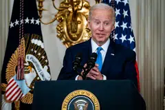 President Joe Biden delivers remarks before signing the Ocean Shipping Reform Act in the State Dining Room of the White House in Washington, Jun 16, 2022.