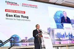 Minister for Trade and Industry Gan Kim Yong delivering the keynote address at the seventh edition of the Africa Singapore Business Forum on Tuesday.