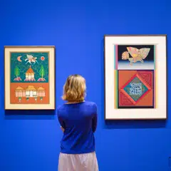 Haryadi Suadi’s The Buraq (1986) (left) and A.D. Pirous’ Sura Isra II: Homage To My Mother (1983) (right) both feature the mythical buraq winged creature alongside Arabic calligraphy.