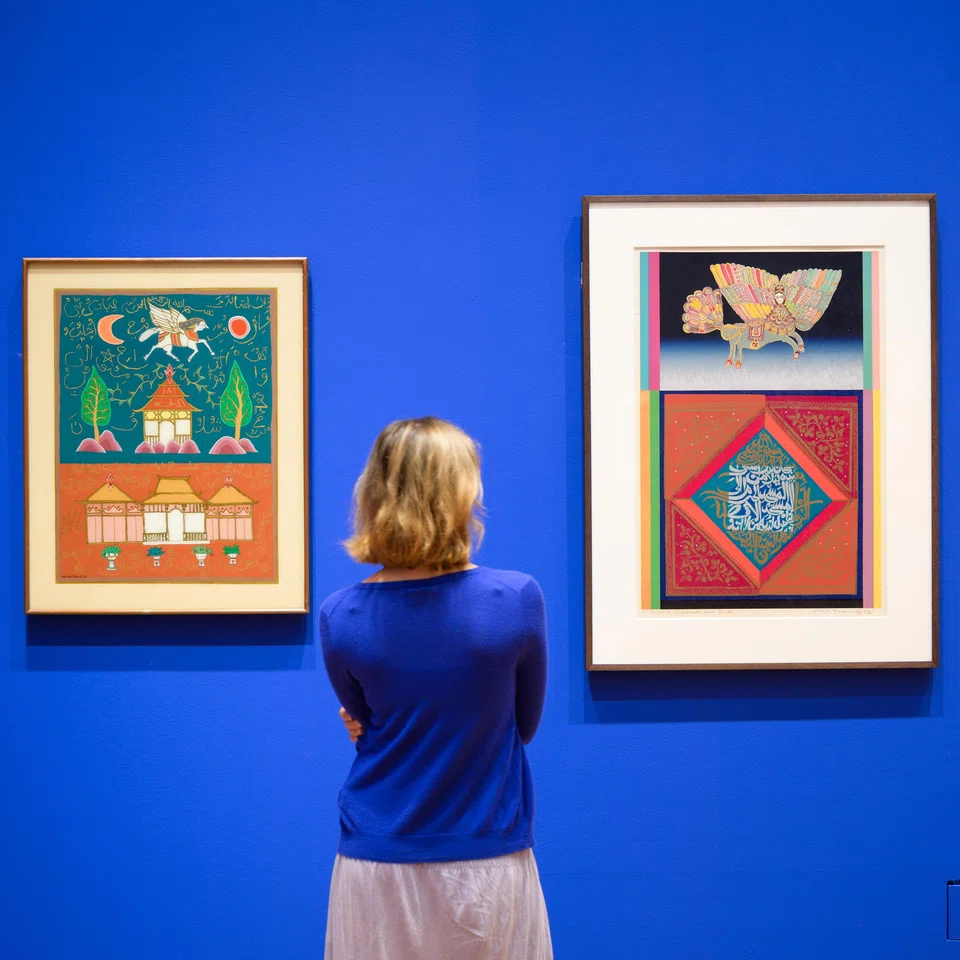 Haryadi Suadi’s The Buraq (1986) (left) and A.D. Pirous’ Sura Isra II: Homage To My Mother (1983) (right) both feature the mythical buraq winged creature alongside Arabic calligraphy.