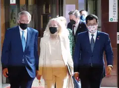 US Senator Ed Markey (left) being escorted by Taiwan's ruling Democratic Progressive Party (DDP) legislator Lo Chih-cheng (right) upon his arrival at the Parliament in Taipei on Monday (Aug 15). 