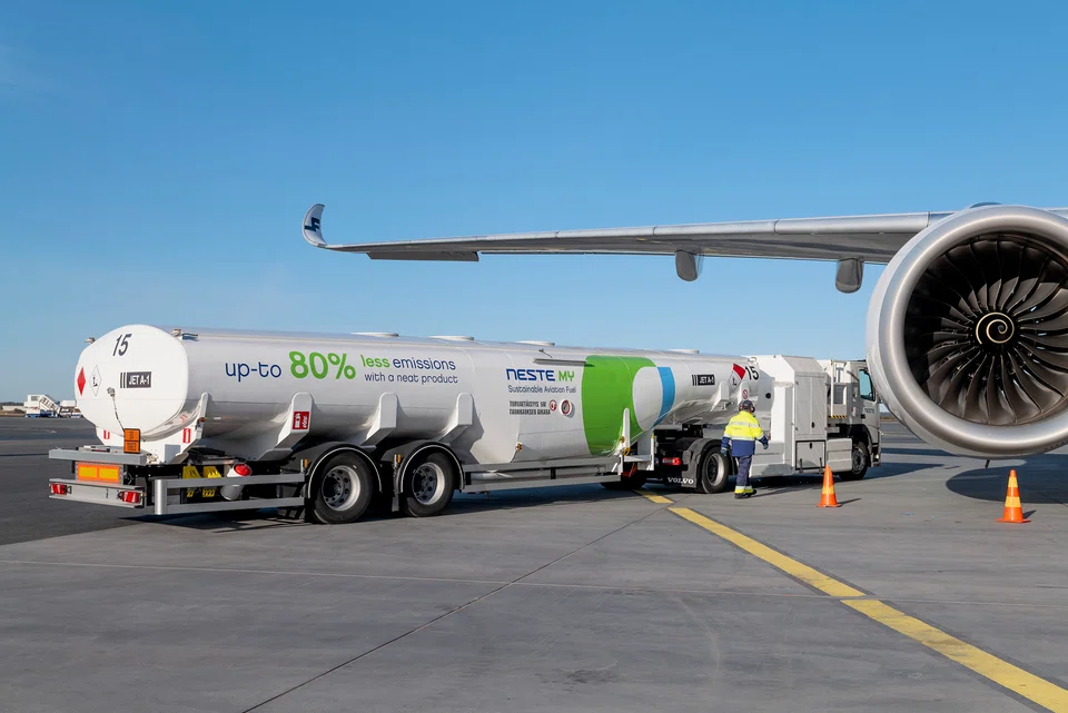 A Finnair plane being fuelled with sustainable aviation fuel at Helsinki Vaanta Airport in Finland.