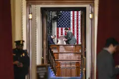 The House chamber being prepped ahead of President Joe Biden’s State of the Union address, at Capitol Hill in Washington, Feb 7, 2023. 
