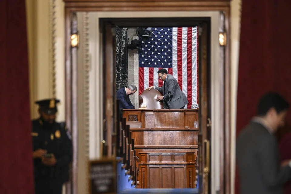 The House chamber being prepped ahead of President Joe Biden’s State of the Union address, at Capitol Hill in Washington, Feb 7, 2023. 