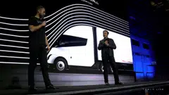 Tesla chief executive Elon Musk speaks with Dan Priestly, senior manager of Tesla Semi Truck Engineering, during the live-streamed unveiling of the Tesla Semi electric truck, in Nevada, U.S. Dec 1, 2022.