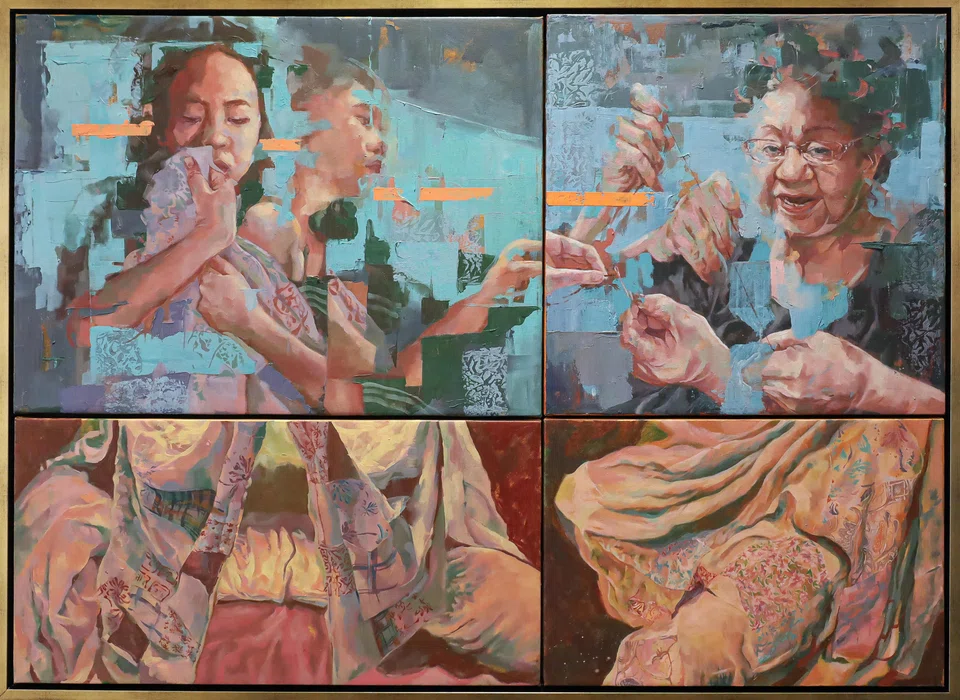 Rui Xi Yap, 17, from Raffles Institution, wins the top prize in the Canvas category for this moving painting depicting the strengthening of generational bonds between grandparent and grandchild through the simple exercise of sewing together. 