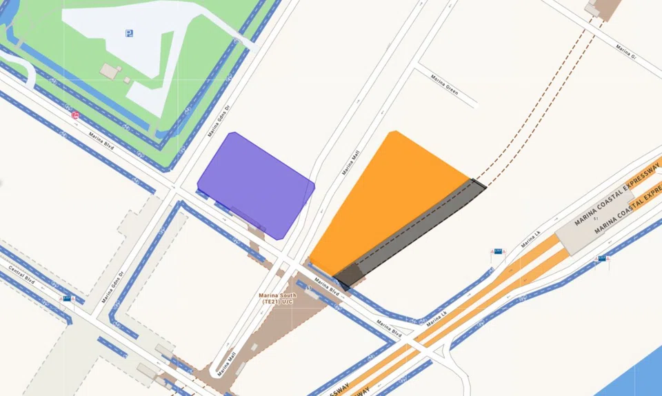 The Marina Gardens Crescent site (in orange and dark grey) drew just one bid at a URA tender that closed on Jan 18, 2024. In contrast, the nearby Marina Gardens Lane plot (in purple) received four bids at a URA tender In June 2023.