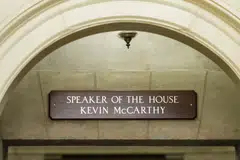 The plaque above the House Speaker's office at the US Capitol in Washington, DC, on Oct 4, 2023. Kevin McCarthy's ouster as US House speaker plunged Congress into an internal power struggle as it faces key deadlines on avoiding a government shutdown and approving aid for Ukraine.