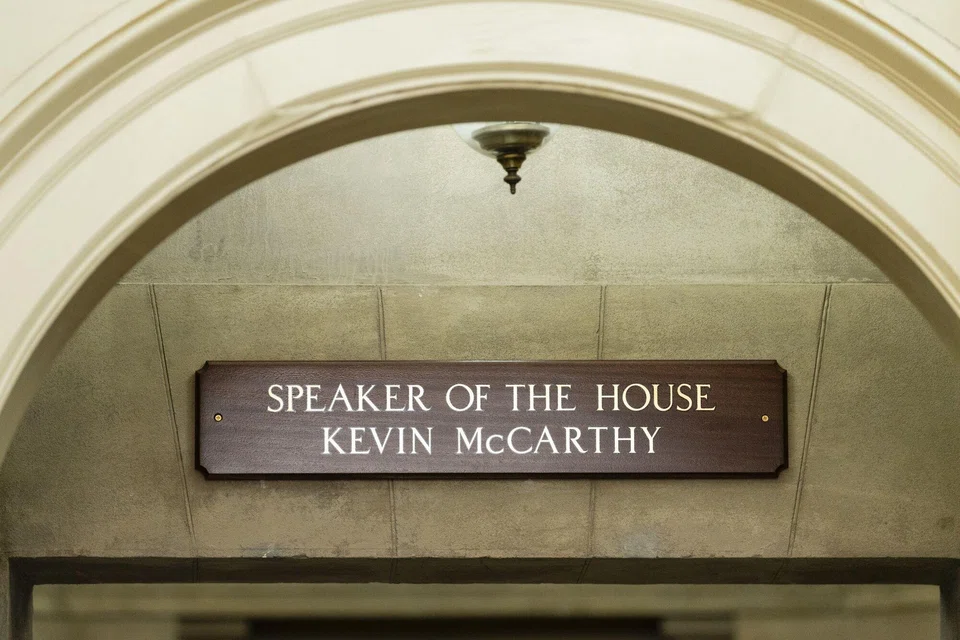 The plaque above the House Speaker's office at the US Capitol in Washington, DC, on Oct 4, 2023. Kevin McCarthy's ouster as US House speaker plunged Congress into an internal power struggle as it faces key deadlines on avoiding a government shutdown and approving aid for Ukraine.