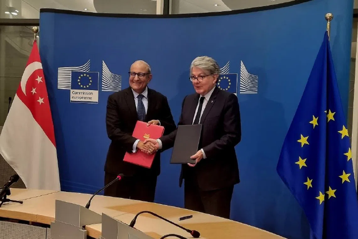 Singapore's Minister-in-charge of Trade Relations S Iswaran and European Commissioner for Internal Market Thierry Breton at the signing of the EU-Singapore Digital Partnership.