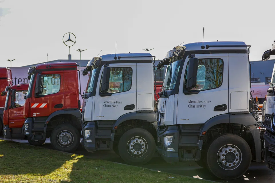 New Mercedes trucks and vans at a Daimler truck centre in Kalbach, Germany, on Thursday, Feb. 4, 2021. 