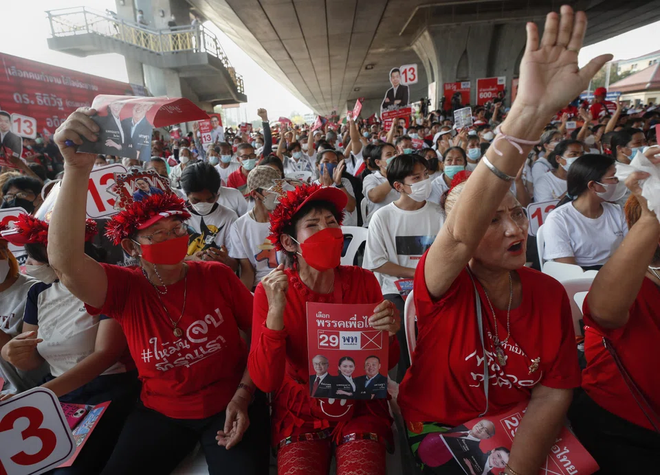 Pheu Thai supporters attending an election campaign rally in Bangkok last week; the party has won the backing of 41.37 per cent of roughly 162,000 eligible voters surveyed.