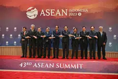 Asean leaders in a group photo after the opening of the 43rd Asean Summit. With the exception of Myanmar, representatives from all member states attended the opening ceremony, two high-level sessions and a forum focused on promoting cooperation in the Indo-Pacific region.