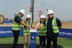 (From left) Patrick Adhiatmadja, managing director of Electrum; Catherine Hindra Sutjahyo, director and president of On-Demand Services at GoTo; Juli Oktarina, director of TBS; and Pandu Sjahrir, president director of Electrum; at the ground-breaking ceremony for the construction of the Electrum EV factory in Zone E of the Greenland International Industrial Center, Cikarang, Indonesia. 